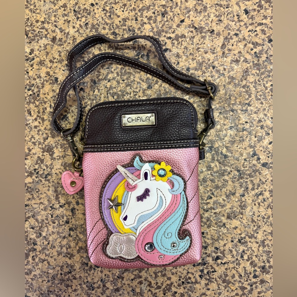Chala Pink Unicorn Crossbody Phone Pouch with Brown Trim